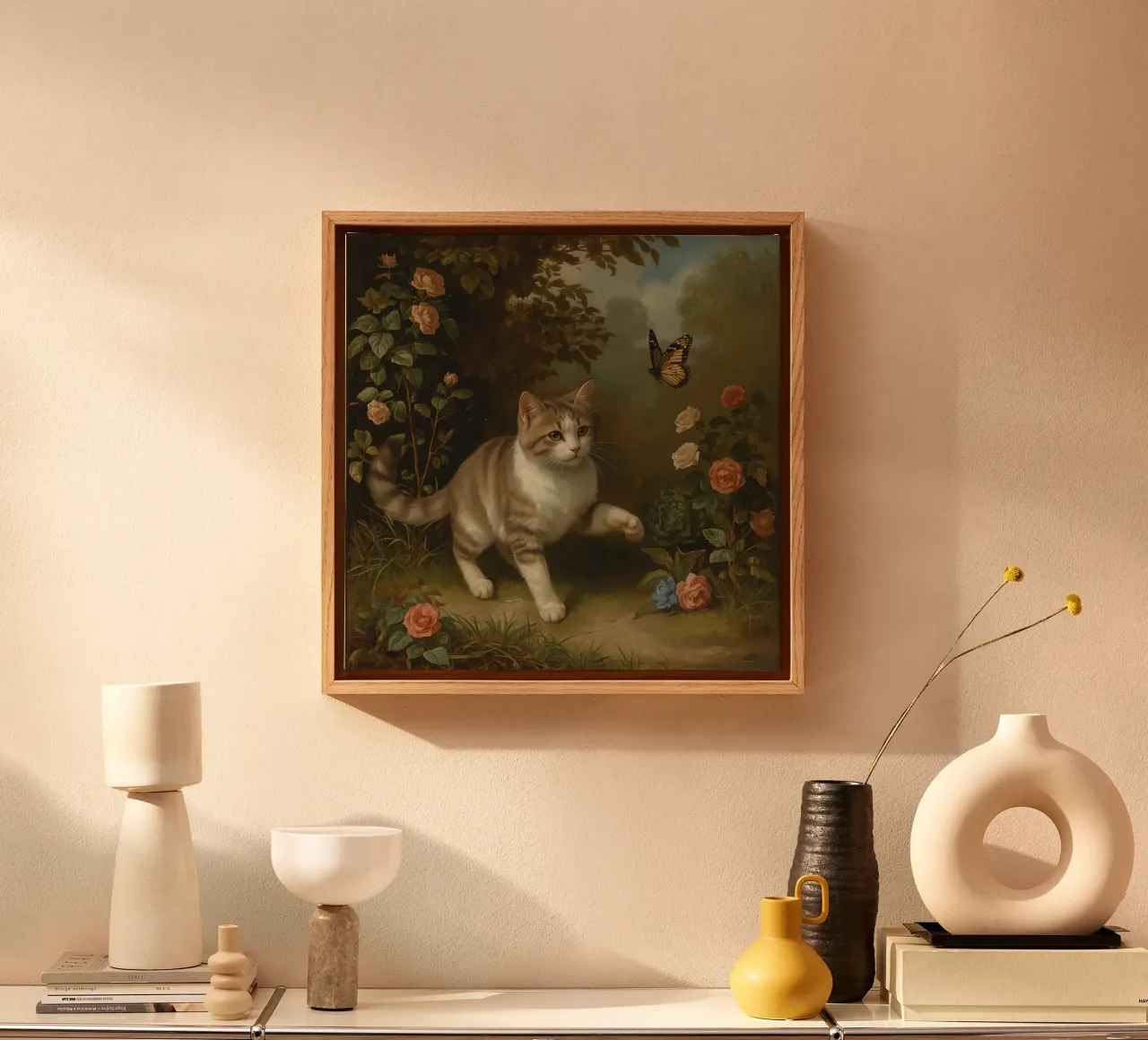 Gatto che passeggia in giardino mentre gioca con una farfalla tela con Cornice a cassetta da DesignDoodle