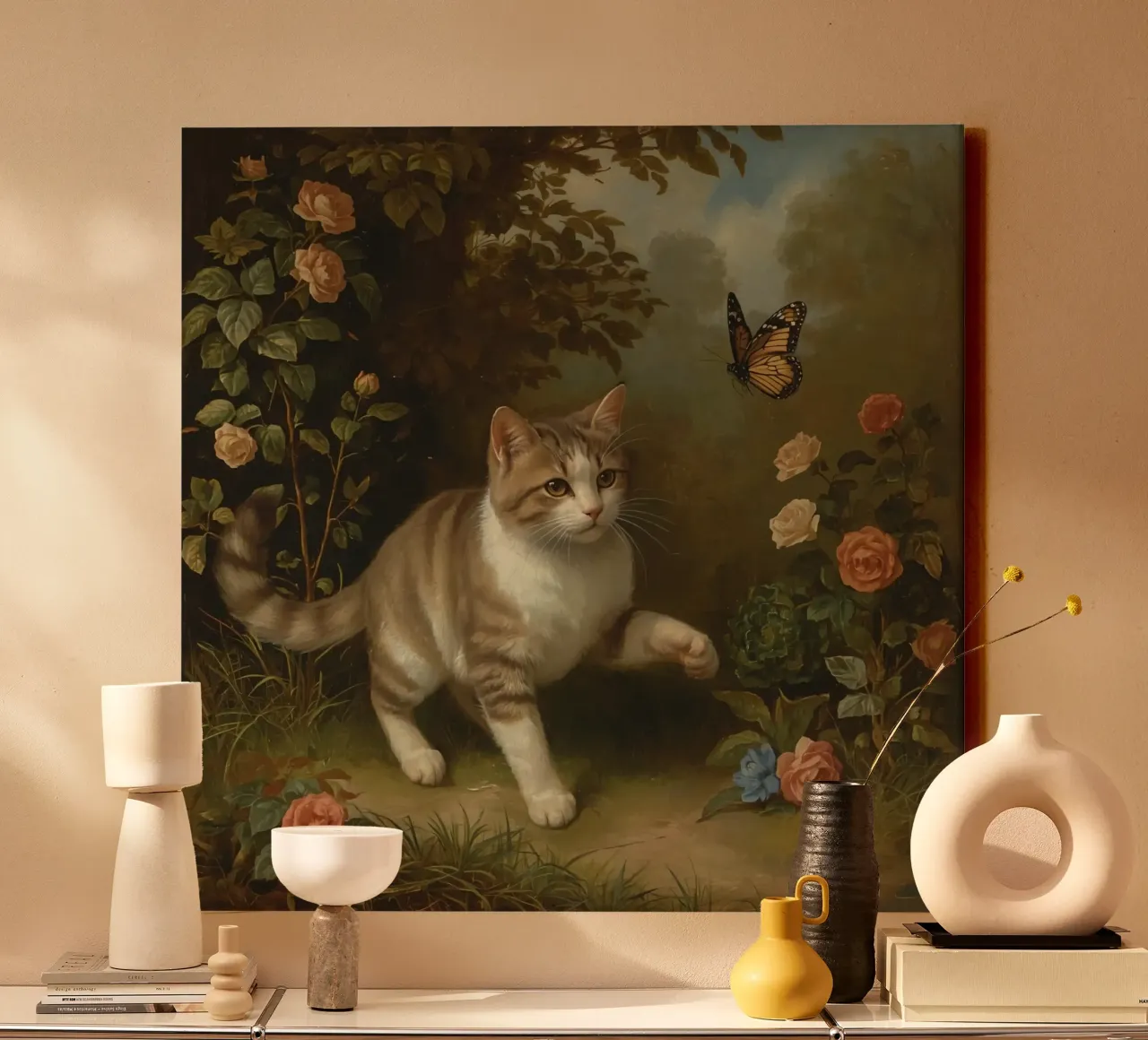 Gatto che passeggia in giardino mentre gioca con una farfalla tela con Cornice a cassetta da DesignDoodle