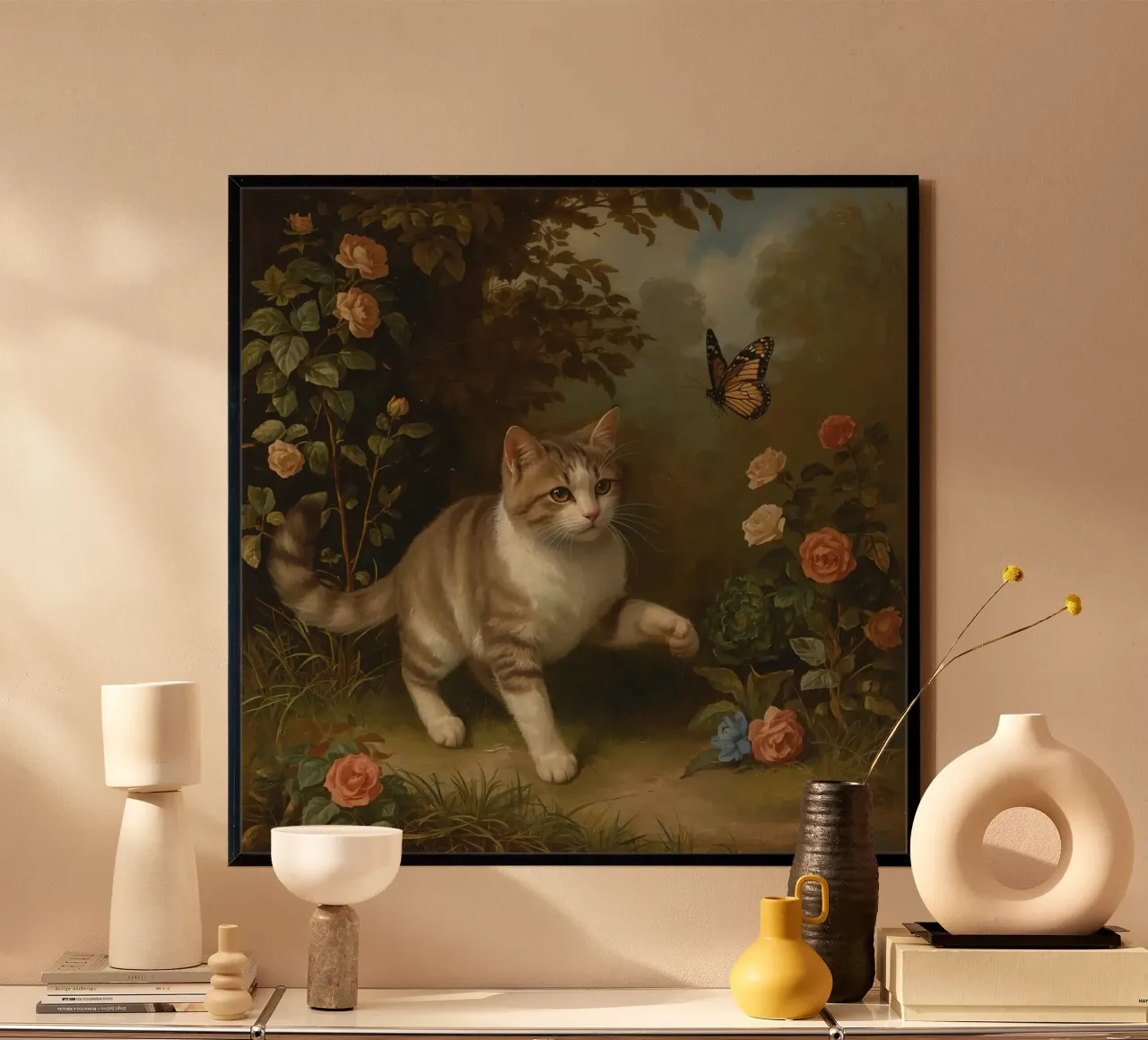 Gatto che passeggia in giardino mentre gioca con una farfalla poster con telaio in plastica da DesignDoodle