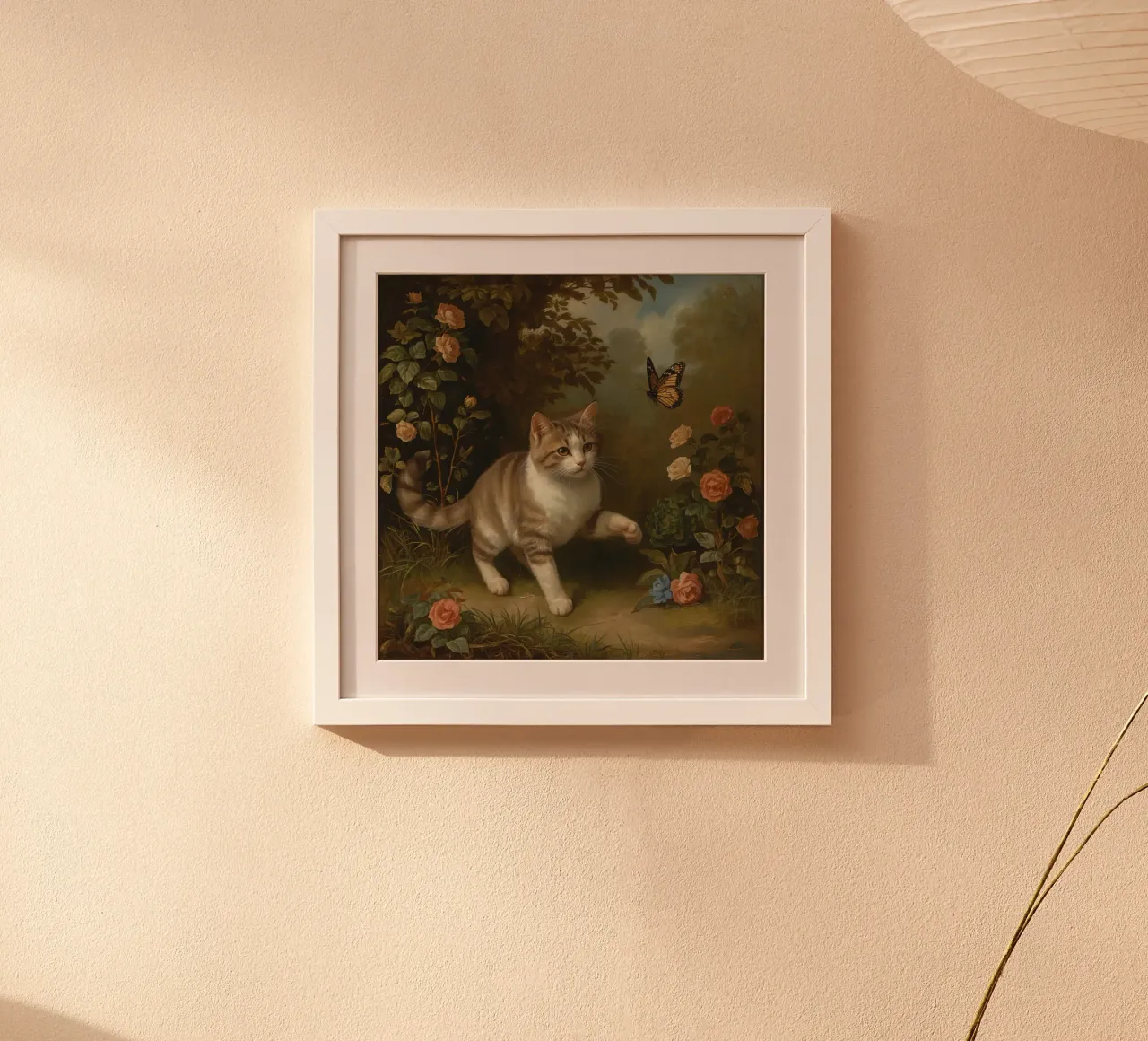 Gatto che passeggia in giardino mentre gioca con una farfalla poster con telaio in plastica da DesignDoodle