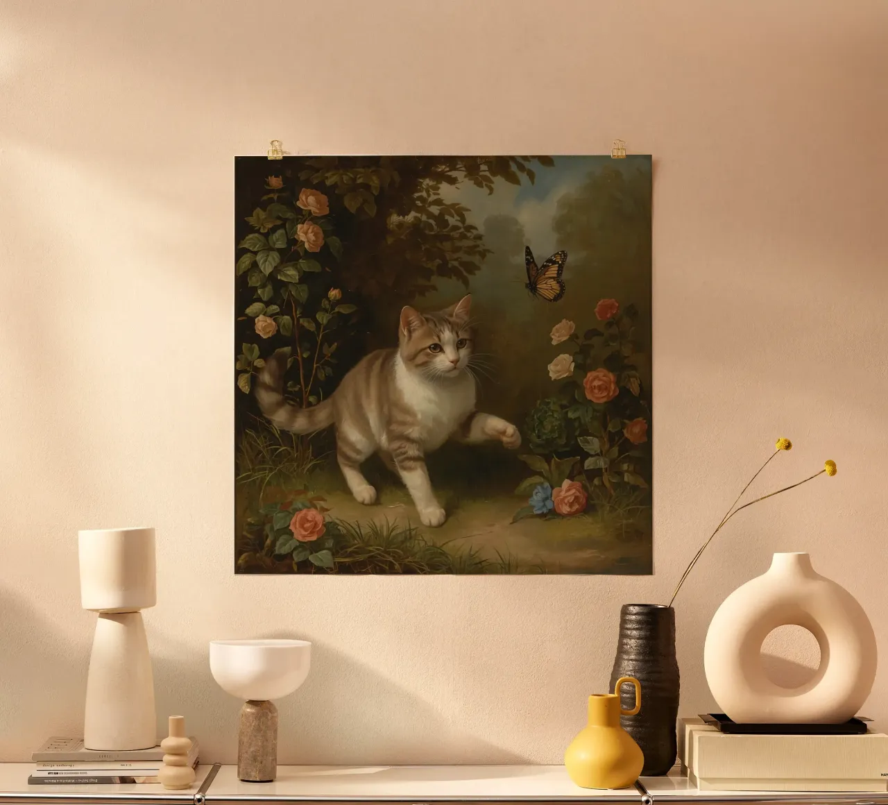Gatto che passeggia in giardino mentre gioca con una farfalla poster con telaio in plastica da DesignDoodle