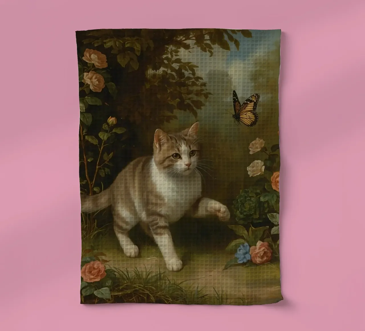 Cat strolling through garden while playing with a butterfly tea towel by DesignDoodle