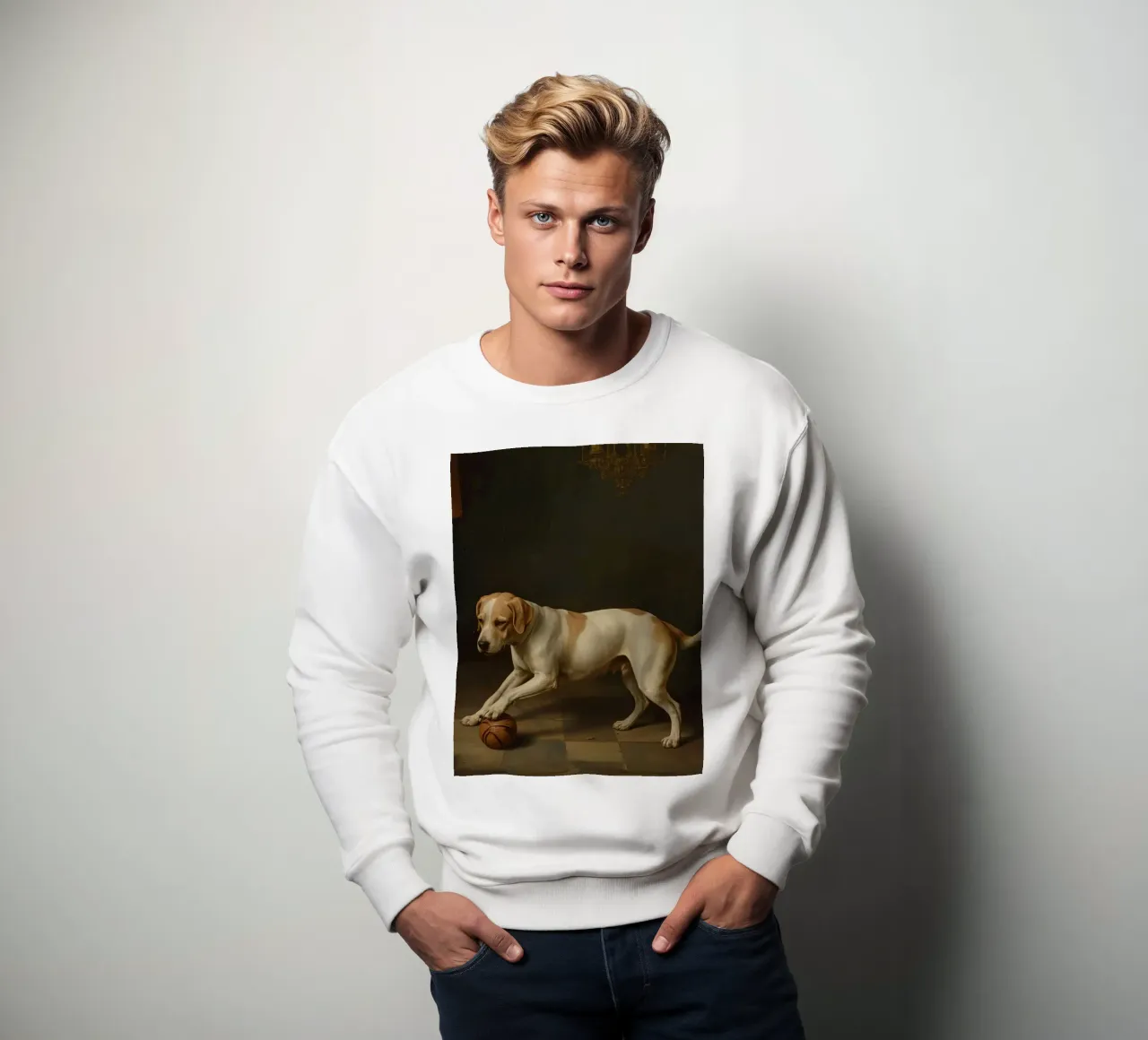 Cane giocoso che interagisce con una palla in una stanza poco illuminata felpa da DesignDoodle