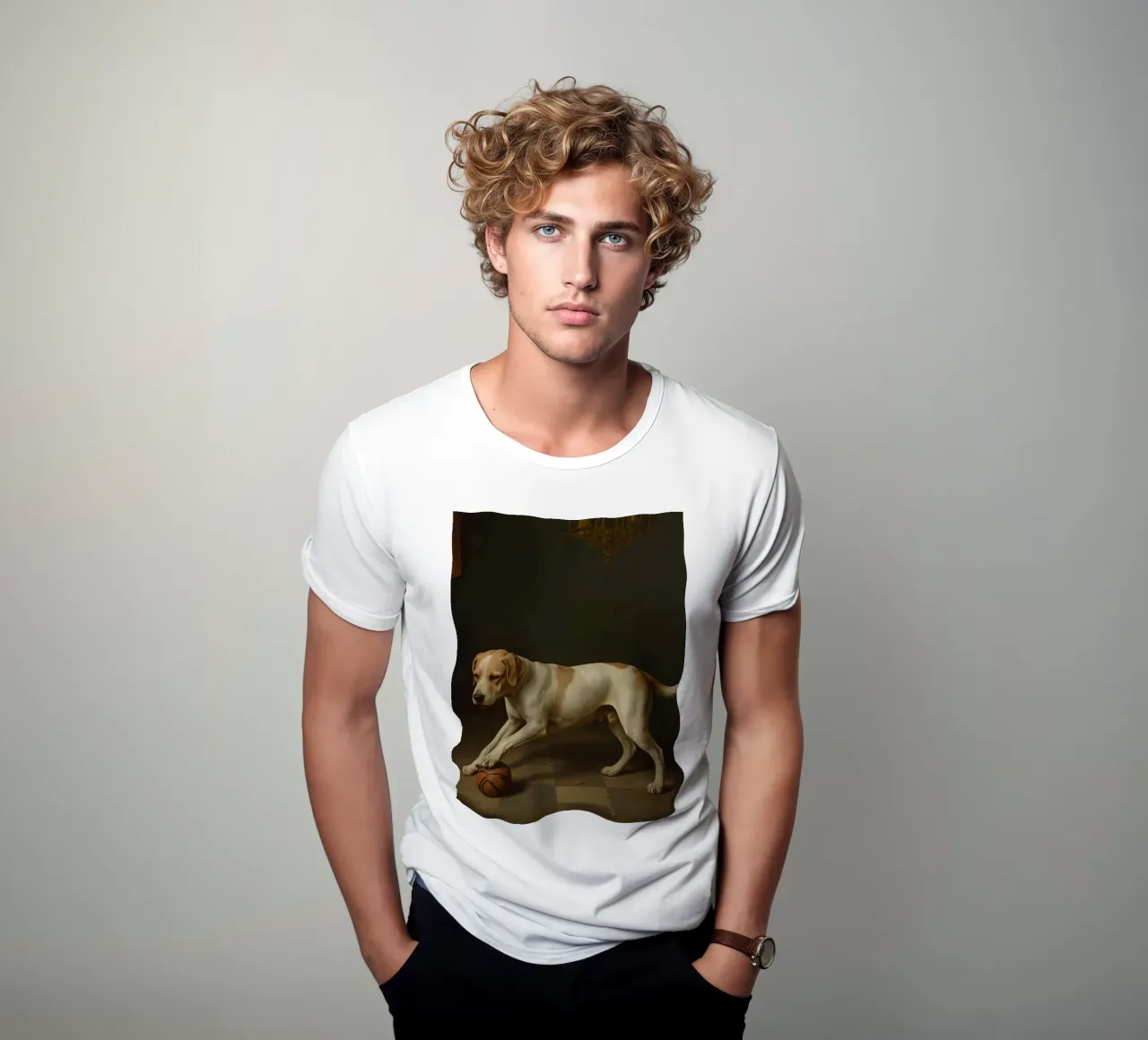 Cane giocoso che interagisce con una palla in una stanza poco illuminata t-shirt da DesignDoodle
