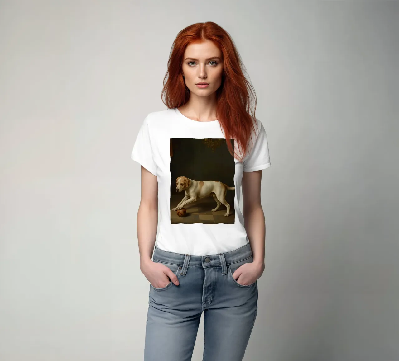 Cane giocoso che interagisce con una palla in una stanza poco illuminata t-shirt da DesignDoodle