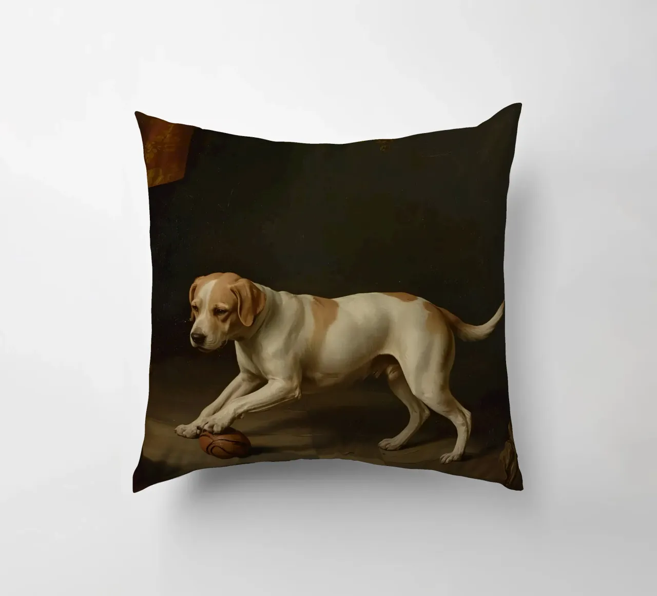 Cane giocoso che interagisce con una palla in una stanza poco illuminata cuscino da DesignDoodle