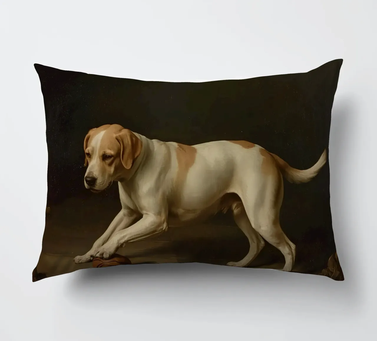Cane giocoso che interagisce con una palla in una stanza poco illuminata cuscino da DesignDoodle