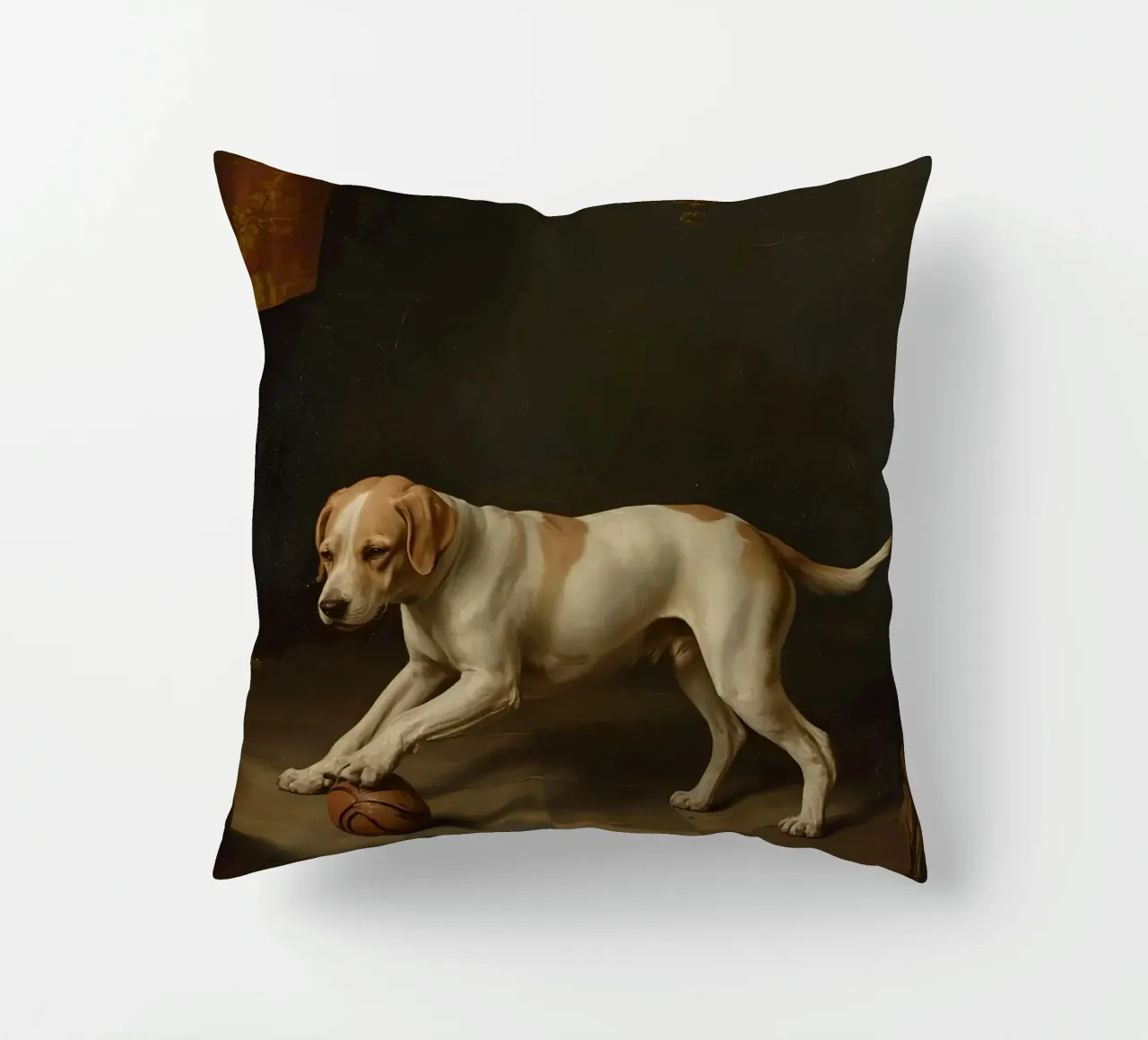 Cane giocoso che interagisce con una palla in una stanza poco illuminata cuscino da DesignDoodle