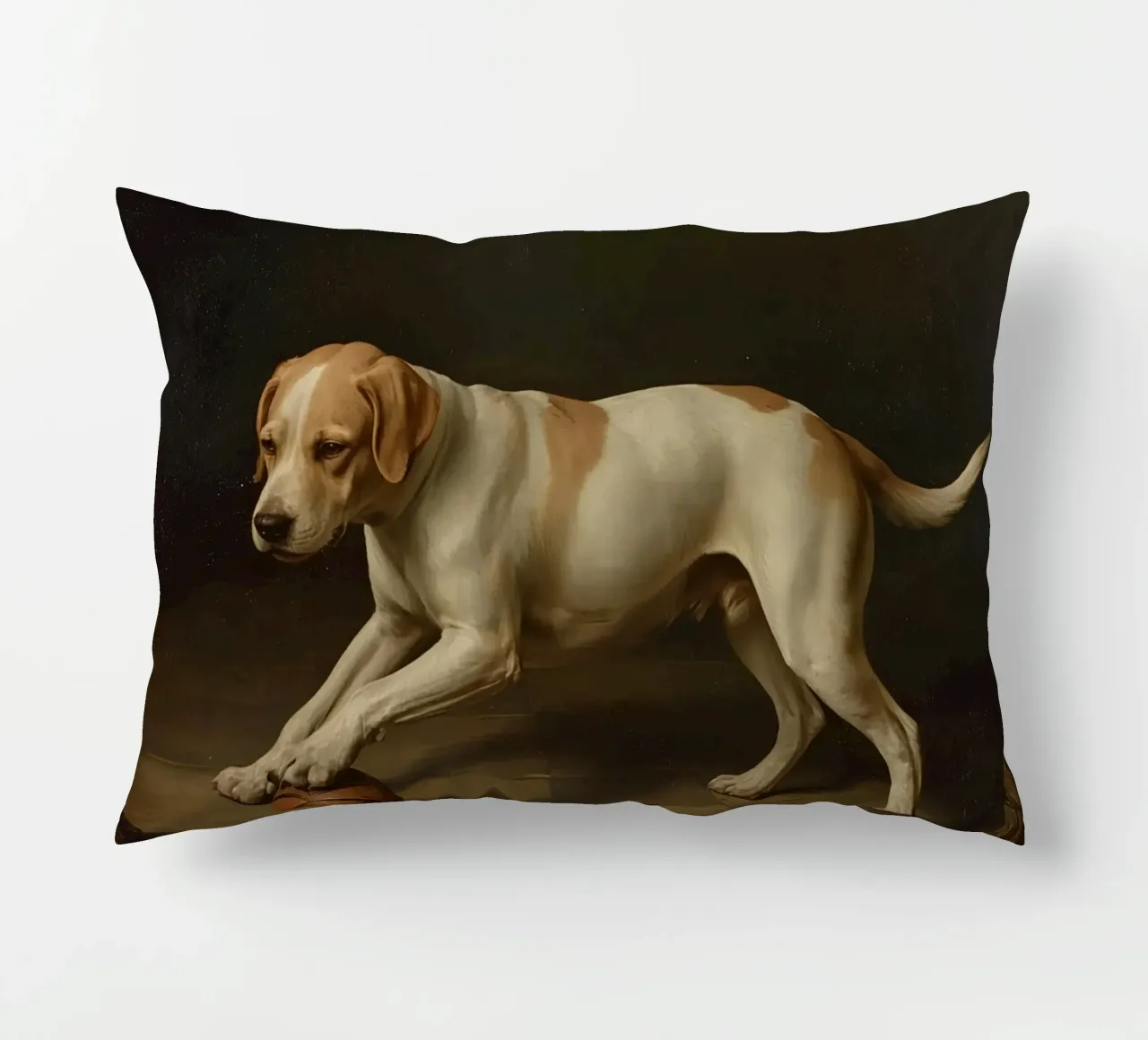 Cane giocoso che interagisce con una palla in una stanza poco illuminata cuscino da DesignDoodle