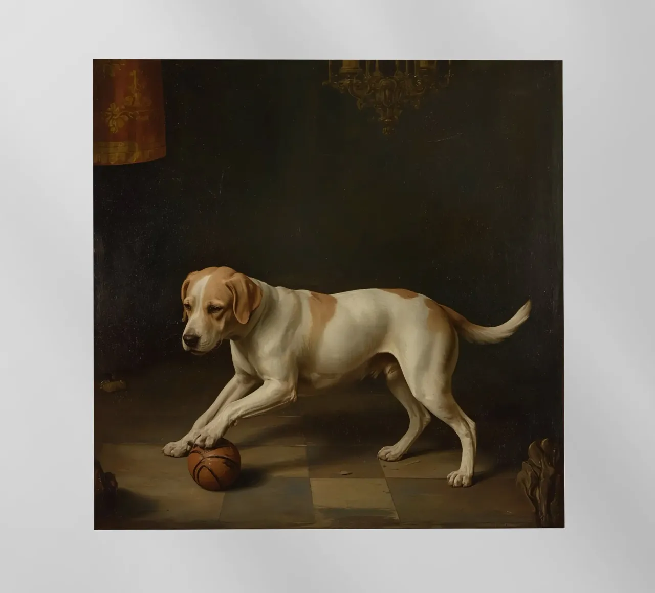 Cane giocoso che interagisce con una palla in una stanza poco illuminata pellicola backlit da DesignDoodle