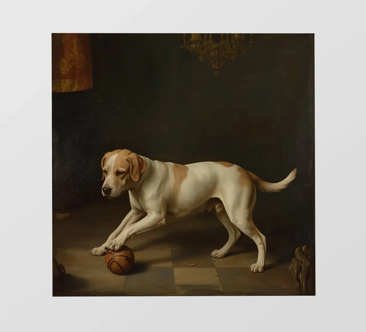 Cane giocoso che interagisce con una palla in una stanza poco illuminata pellicola backlit da DesignDoodle