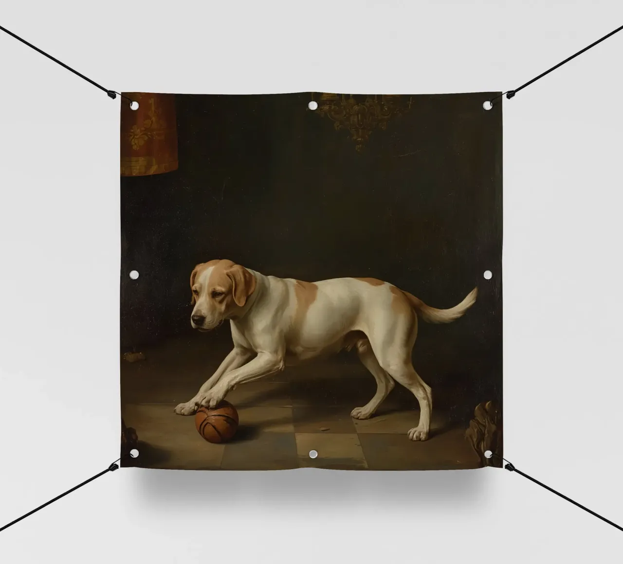 Cane giocoso che interagisce con una palla in una stanza poco illuminata telo in pvc da DesignDoodle
