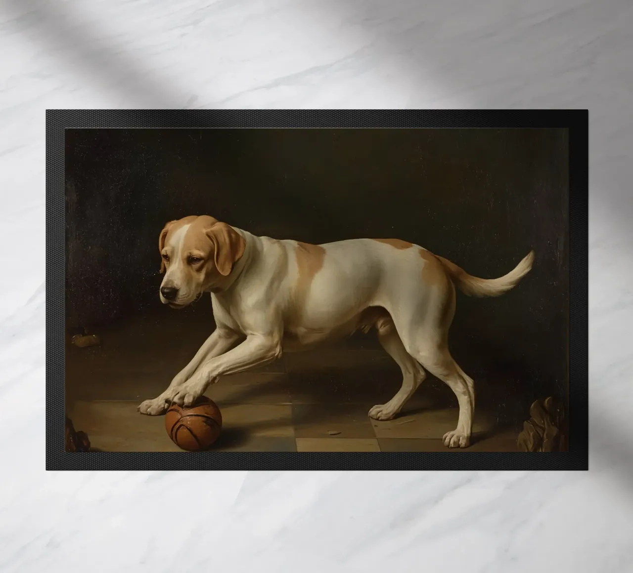 Cane giocoso che interagisce con una palla in una stanza poco illuminata zerbino da DesignDoodle