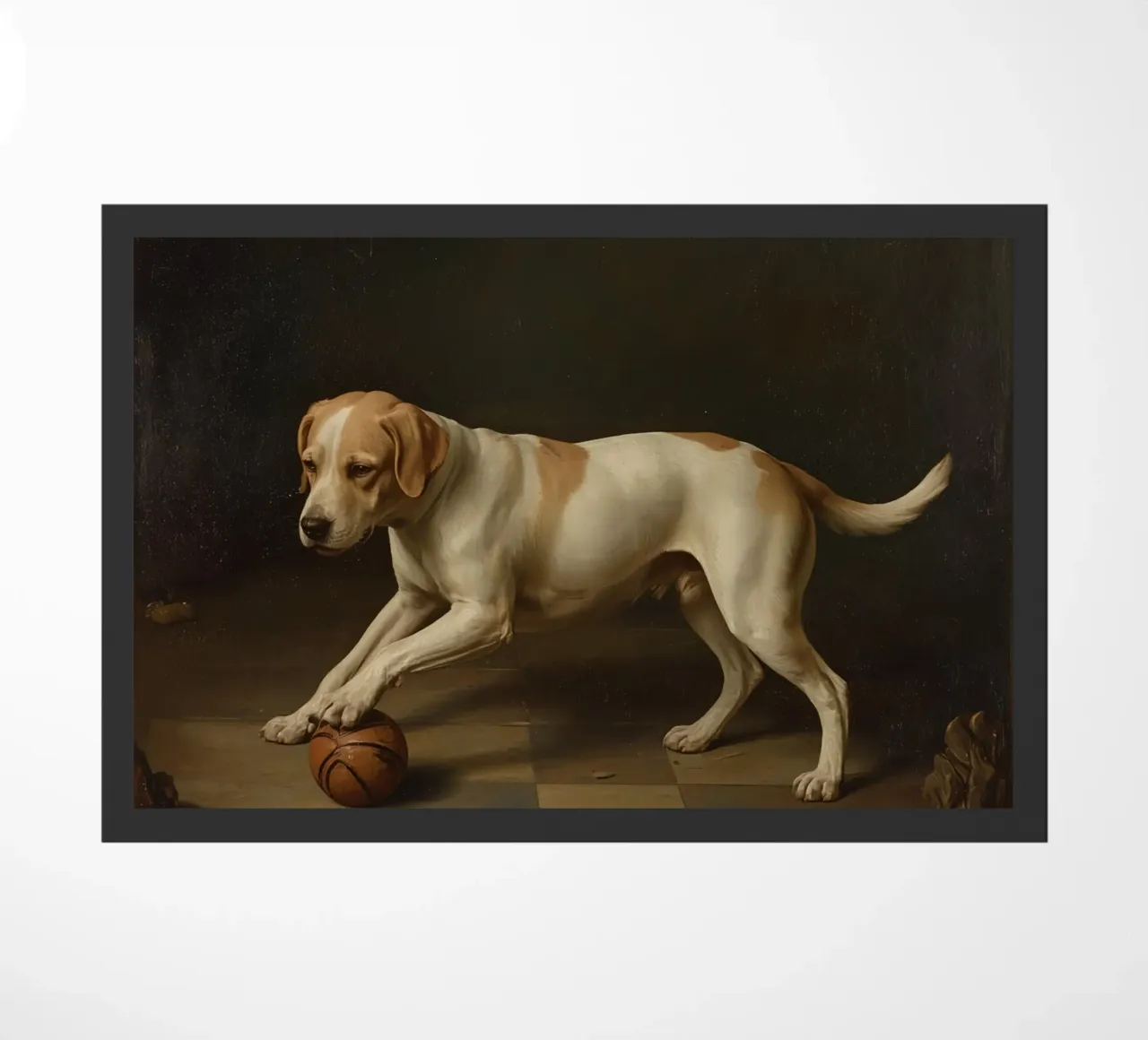 Cane giocoso che interagisce con una palla in una stanza poco illuminata zerbino da DesignDoodle