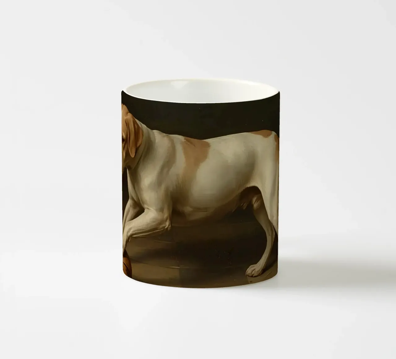 Cane giocoso che interagisce con una palla in una stanza poco illuminata tazza in ceramica da DesignDoodle