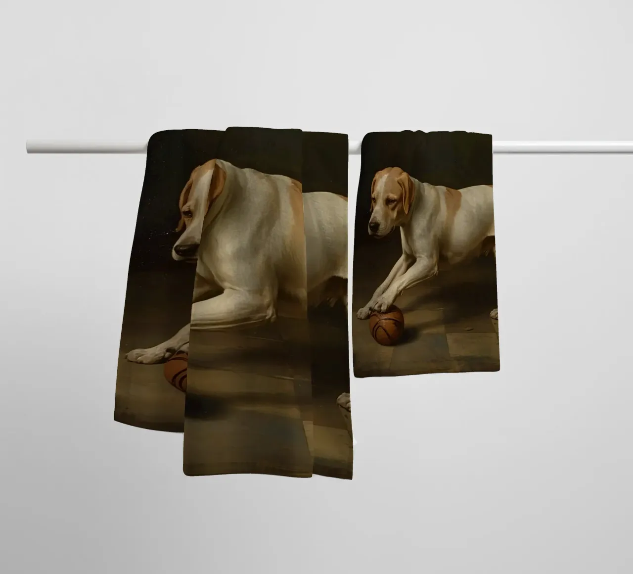 Cane giocoso che interagisce con una palla in una stanza poco illuminata asciugamano da bagno da DesignDoodle