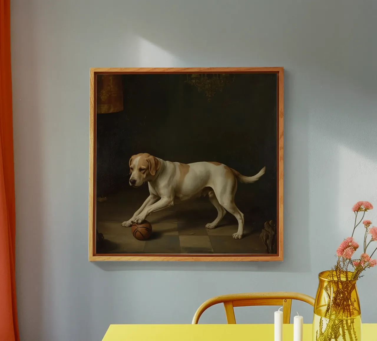 Cane giocoso che interagisce con una palla in una stanza poco illuminata plexiglass da DesignDoodle