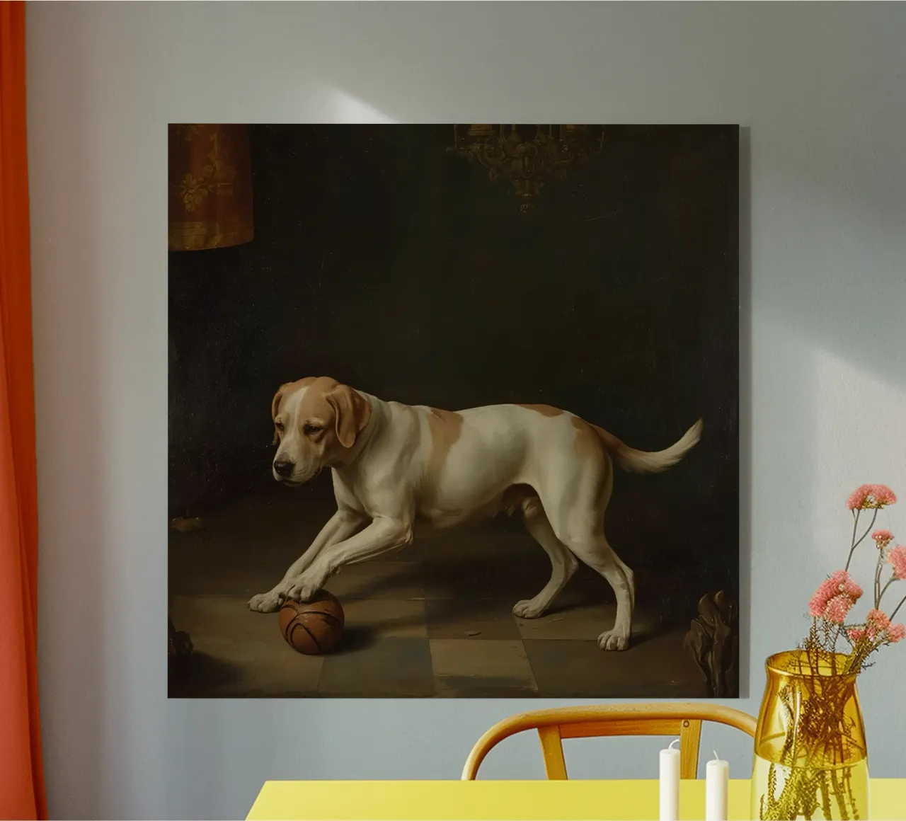 Cane giocoso che interagisce con una palla in una stanza poco illuminata plexiglass da DesignDoodle
