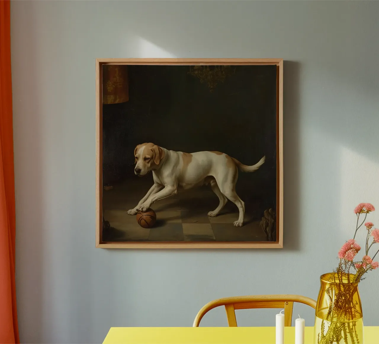 Playful dog interacting with a ball in a dimly lit room canvas with Floater frame by DesignDoodle