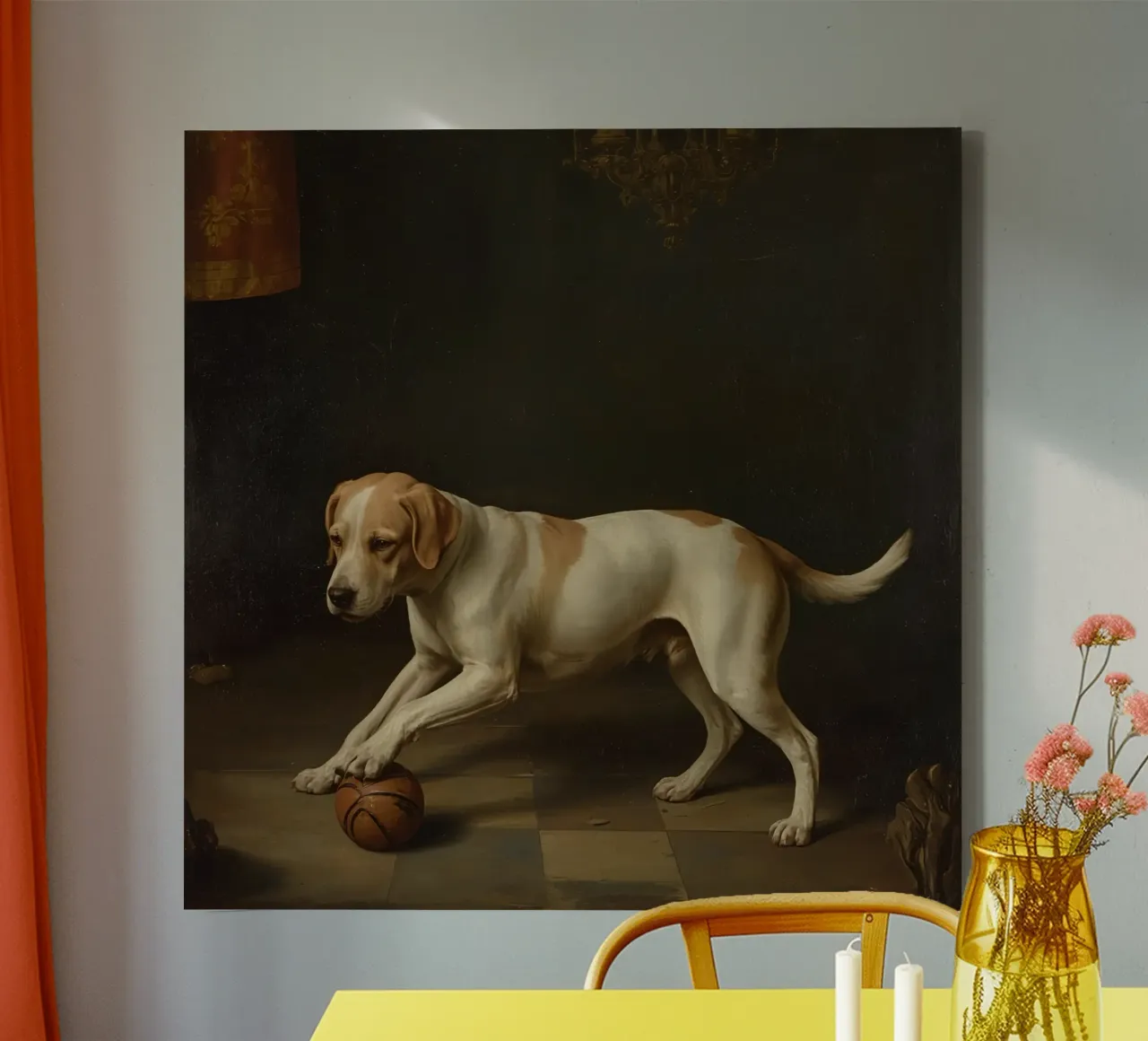 Playful dog interacting with a ball in a dimly lit room canvas with Floater frame by DesignDoodle