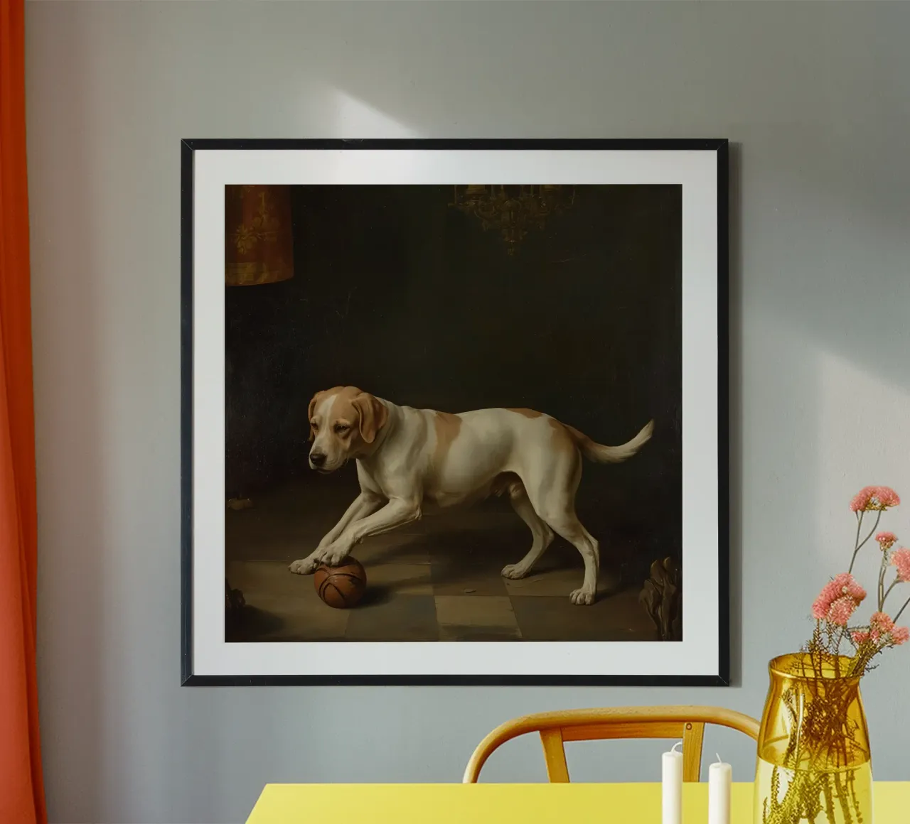Cane giocoso che interagisce con una palla in una stanza poco illuminata poster con telaio in plastica da DesignDoodle