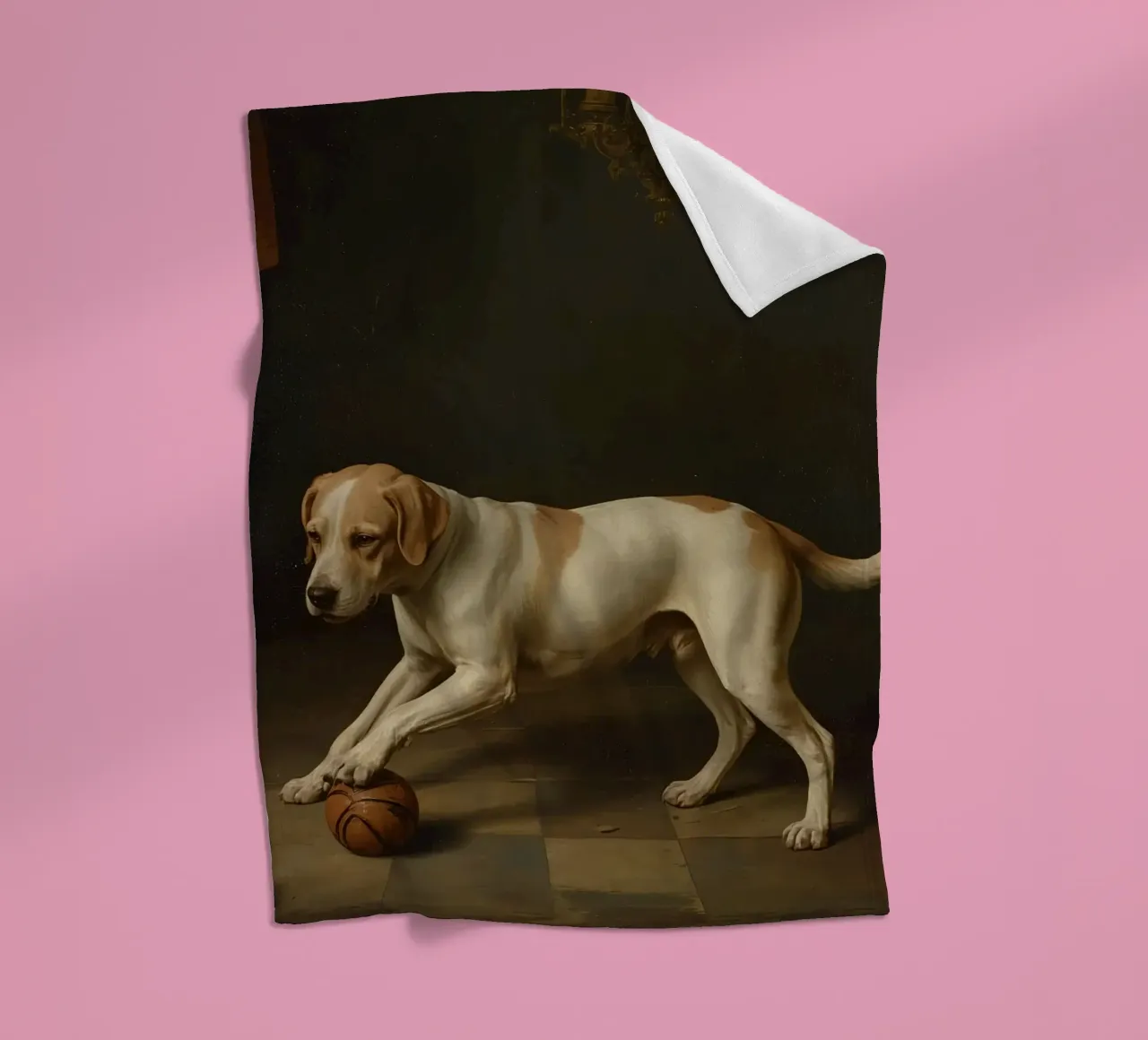 Cane giocoso che interagisce con una palla in una stanza poco illuminata coperta in pile da DesignDoodle