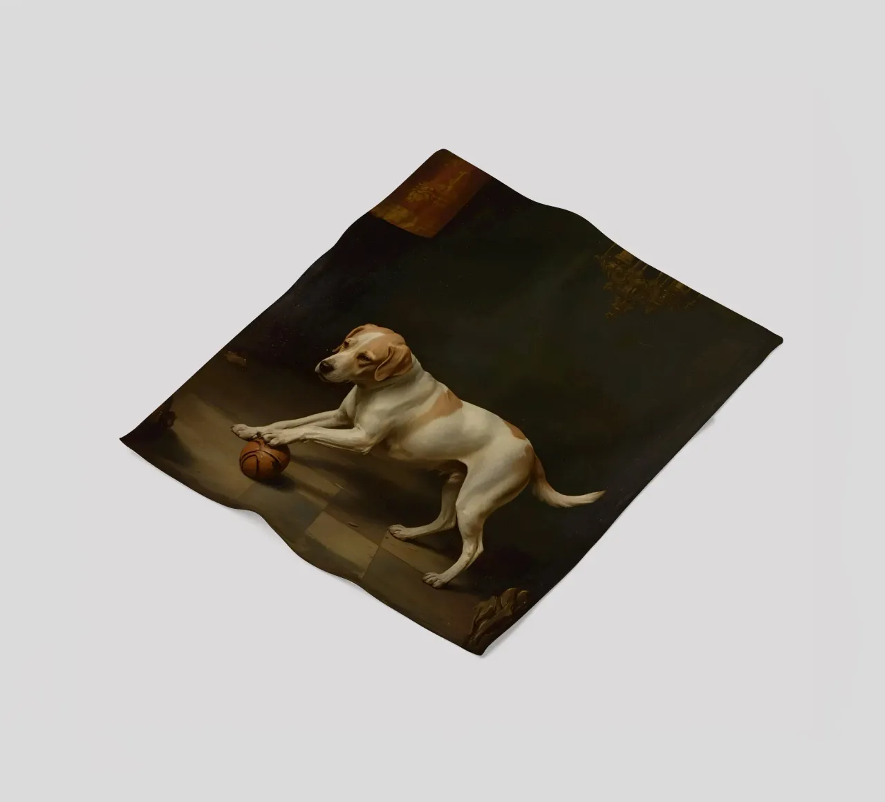 Cane giocoso che interagisce con una palla in una stanza poco illuminata coperta in pile da DesignDoodle