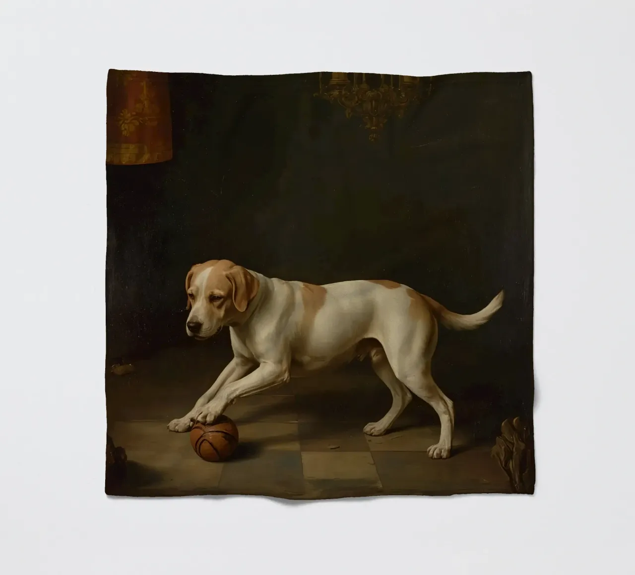 Cane giocoso che interagisce con una palla in una stanza poco illuminata coperta in pile da DesignDoodle