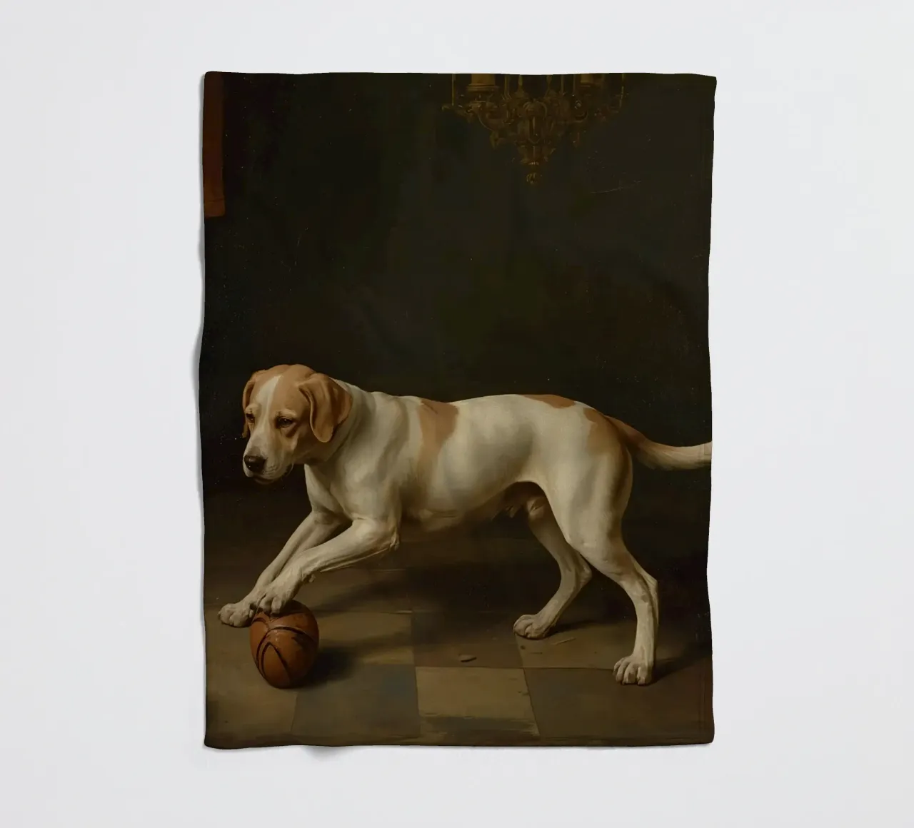 Cane giocoso che interagisce con una palla in una stanza poco illuminata coperta in pile da DesignDoodle