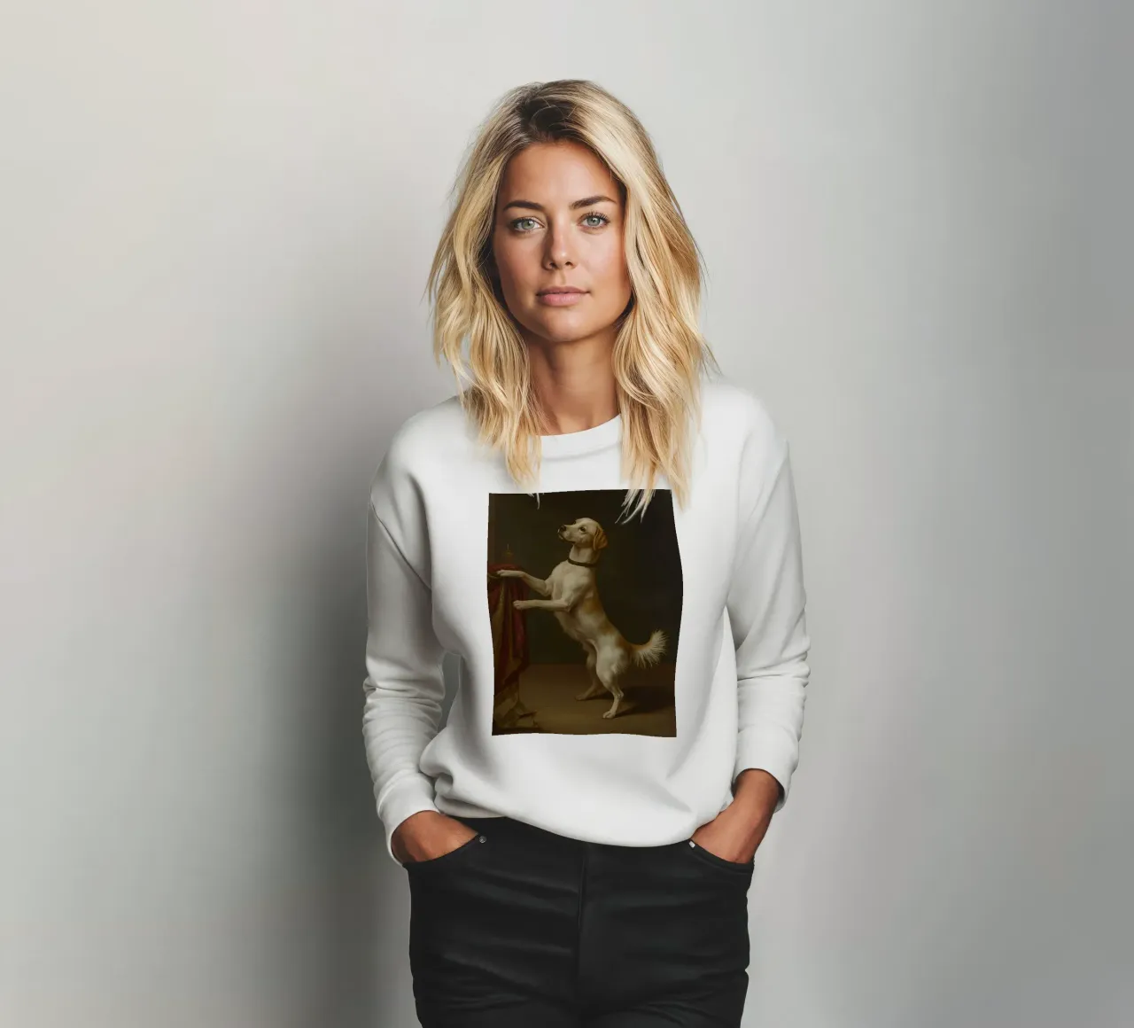 Dog standing with paws on a table in a classic setting sweatshirt by DesignDoodle