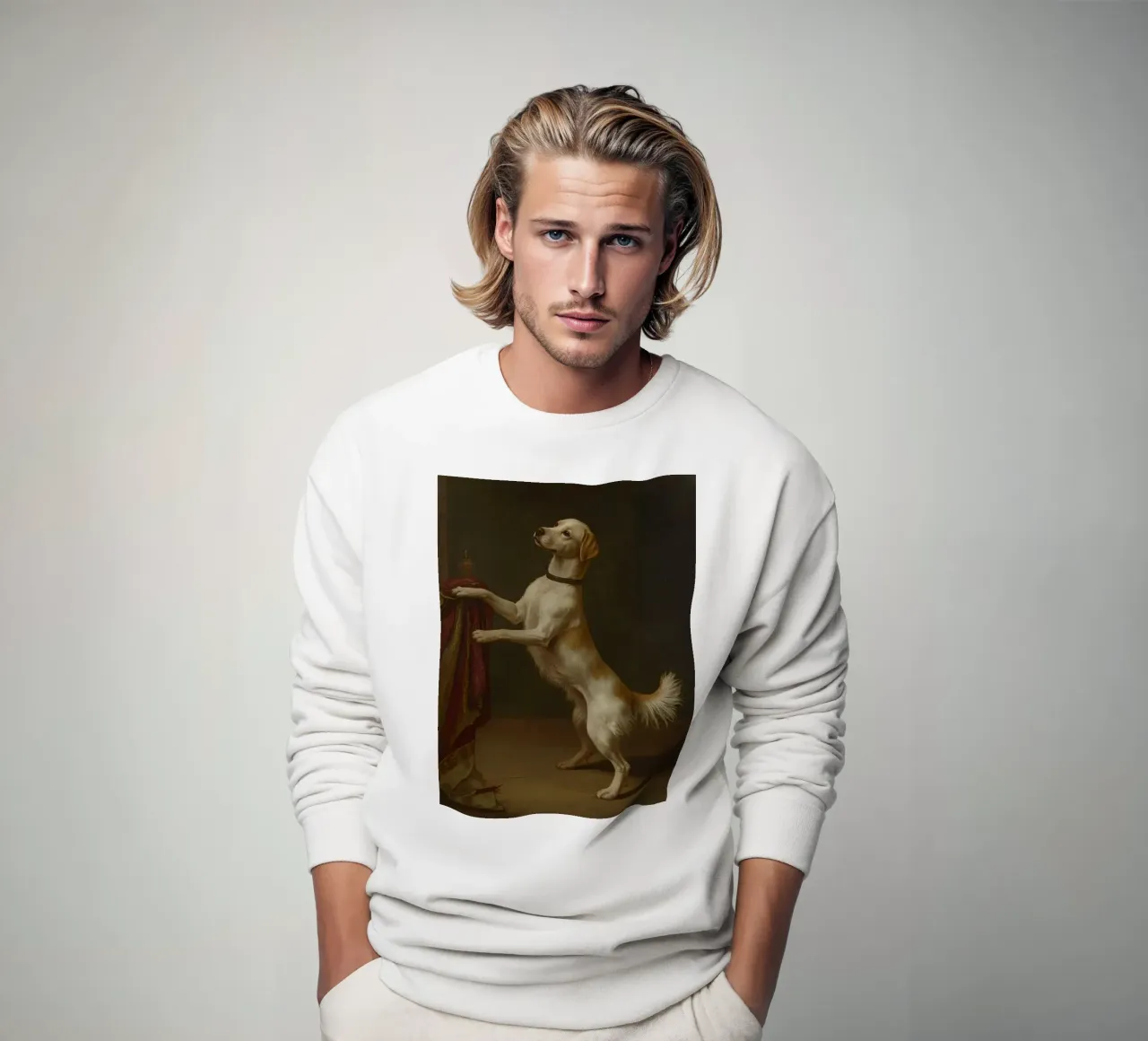 Dog standing with paws on a table in a classic setting sweatshirt by DesignDoodle