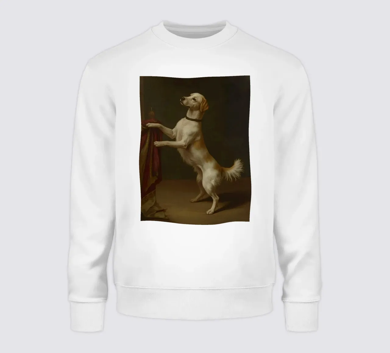 Dog standing with paws on a table in a classic setting sweatshirt by DesignDoodle