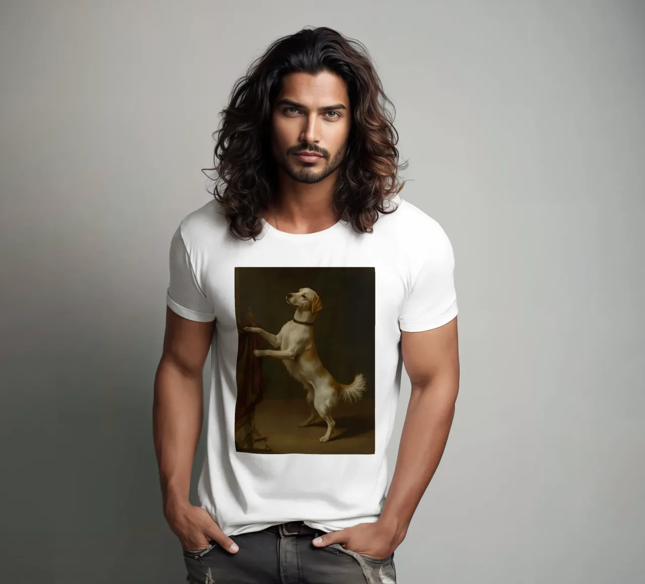 Cane in piedi con le zampe su un tavolo in un ambiente classico t-shirt da DesignDoodle