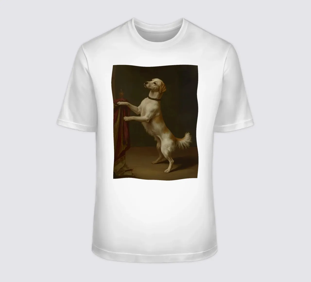 Cane in piedi con le zampe su un tavolo in un ambiente classico t-shirt da DesignDoodle