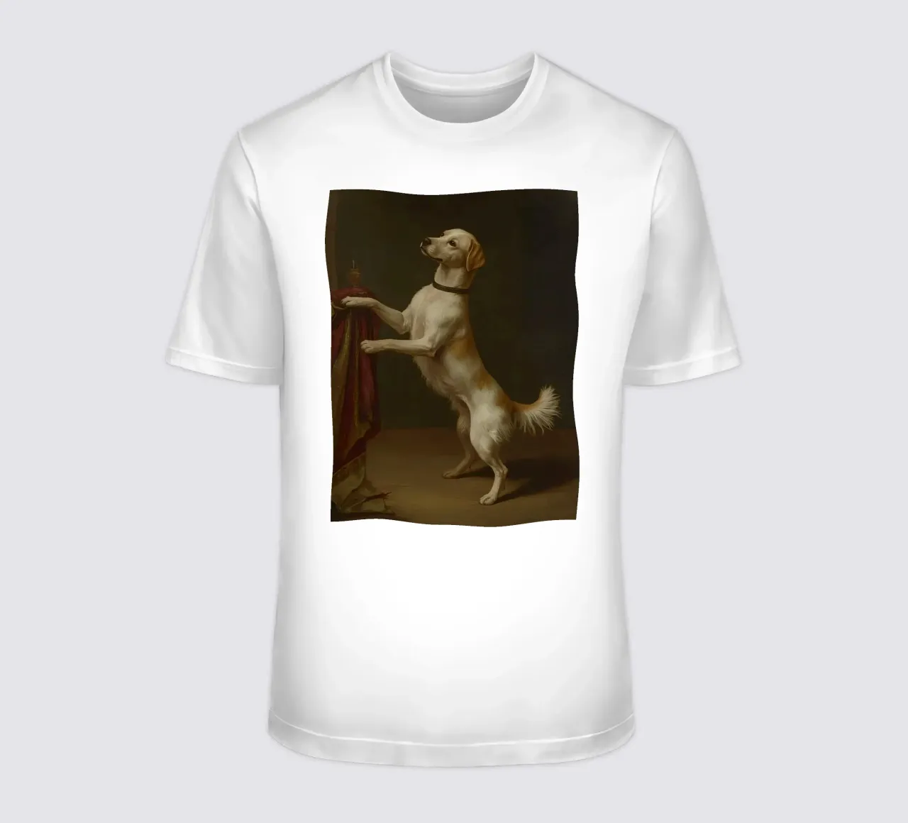 Cane in piedi con le zampe su un tavolo in un ambiente classico t-shirt da DesignDoodle