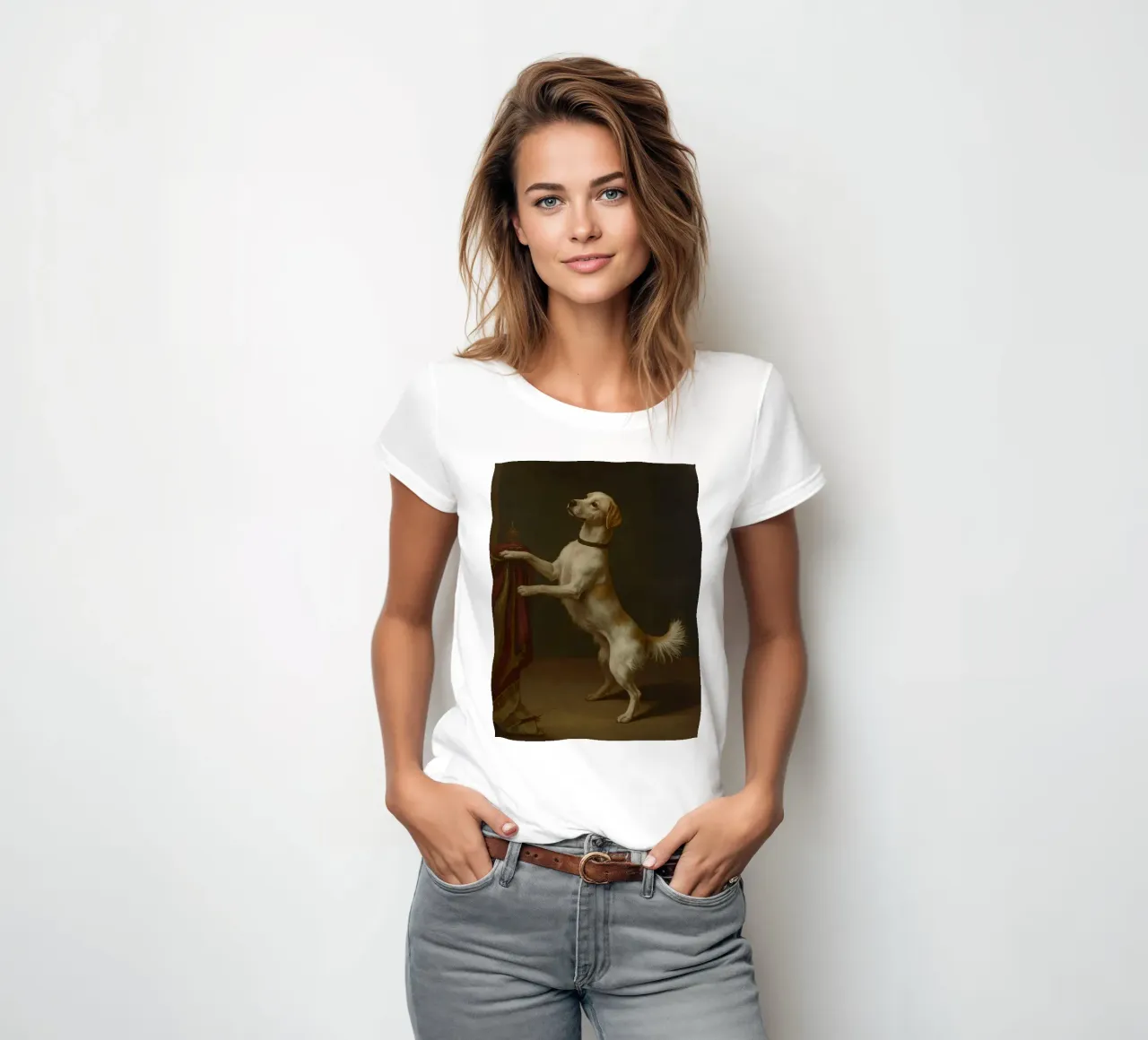 Cane in piedi con le zampe su un tavolo in un ambiente classico t-shirt da donna da DesignDoodle