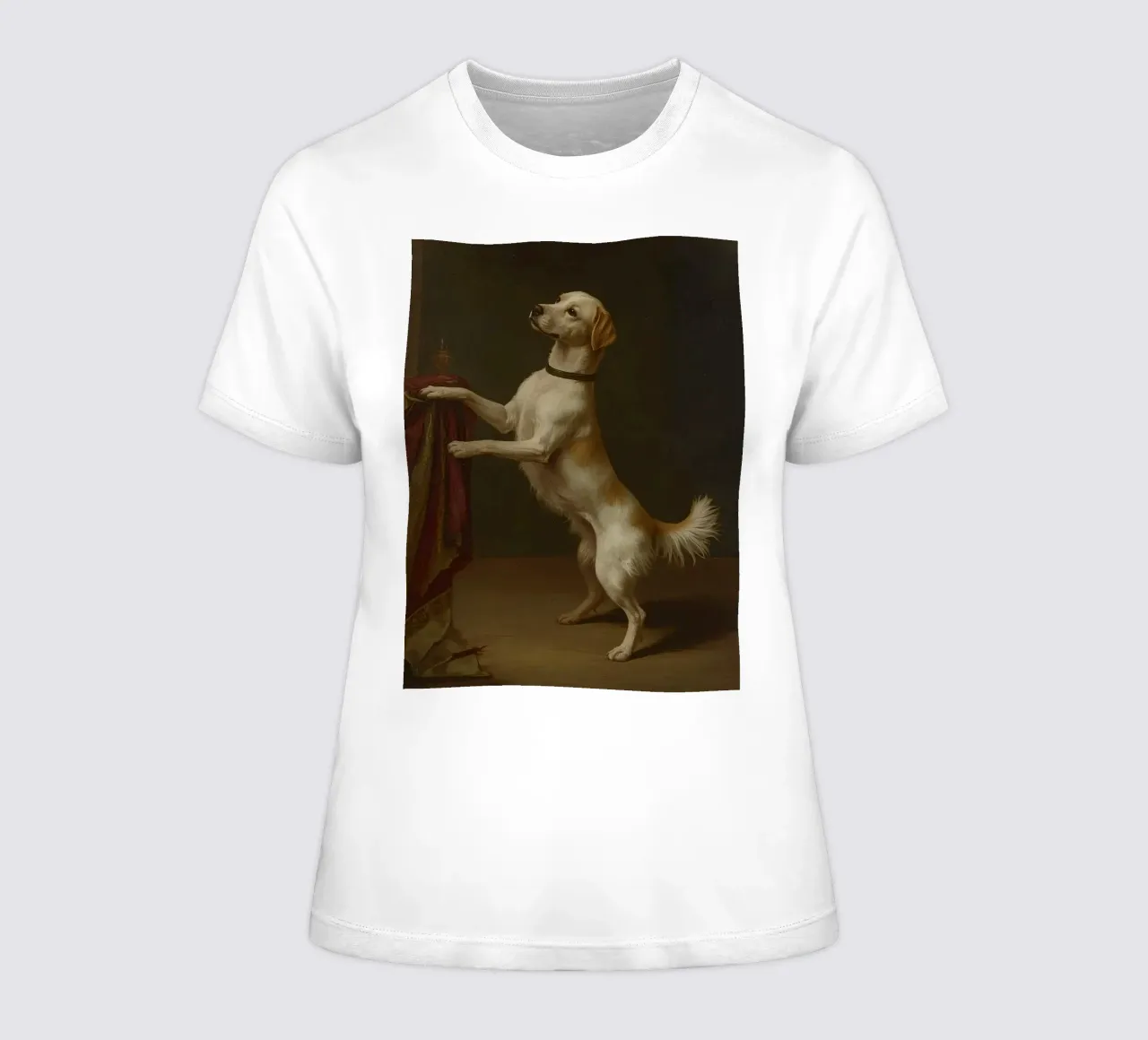 Cane in piedi con le zampe su un tavolo in un ambiente classico t-shirt da donna da DesignDoodle