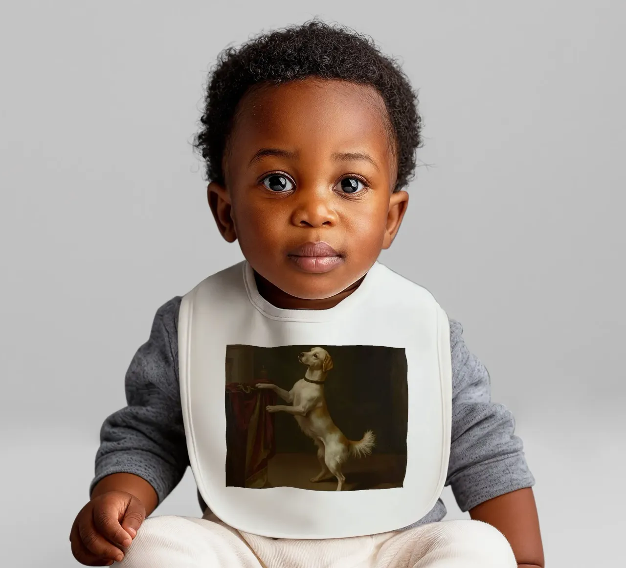 Hund stehend mit Pfoten auf einem Tisch in einer klassischen Umgebung Babylätzchen von DesignDoodle