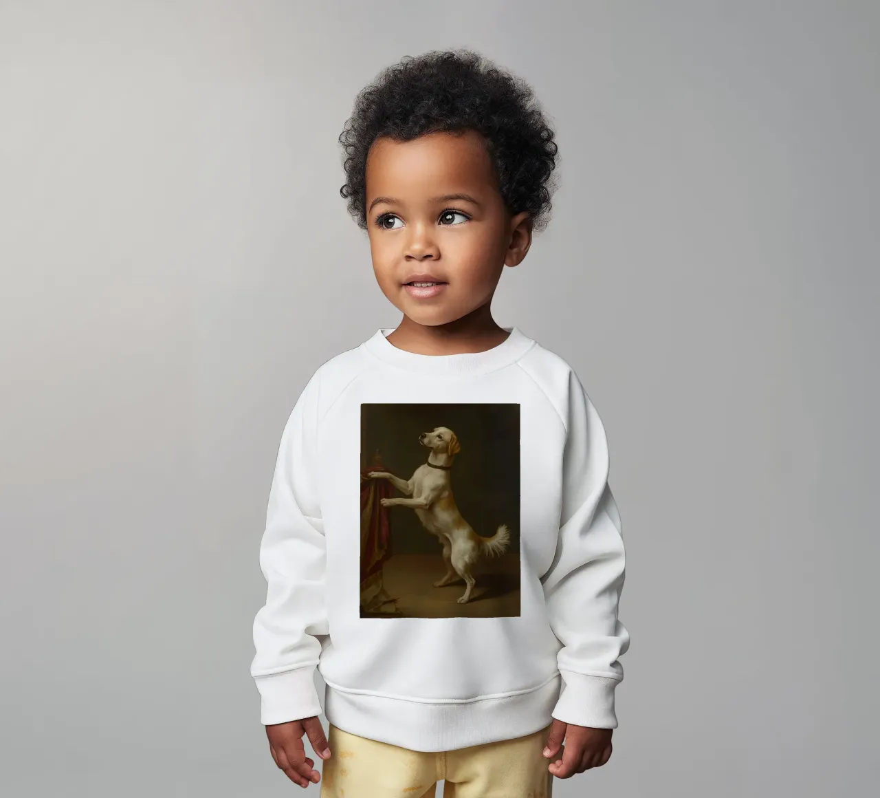 Cane in piedi con le zampe su un tavolo in un ambiente classico felpa neonato da DesignDoodle