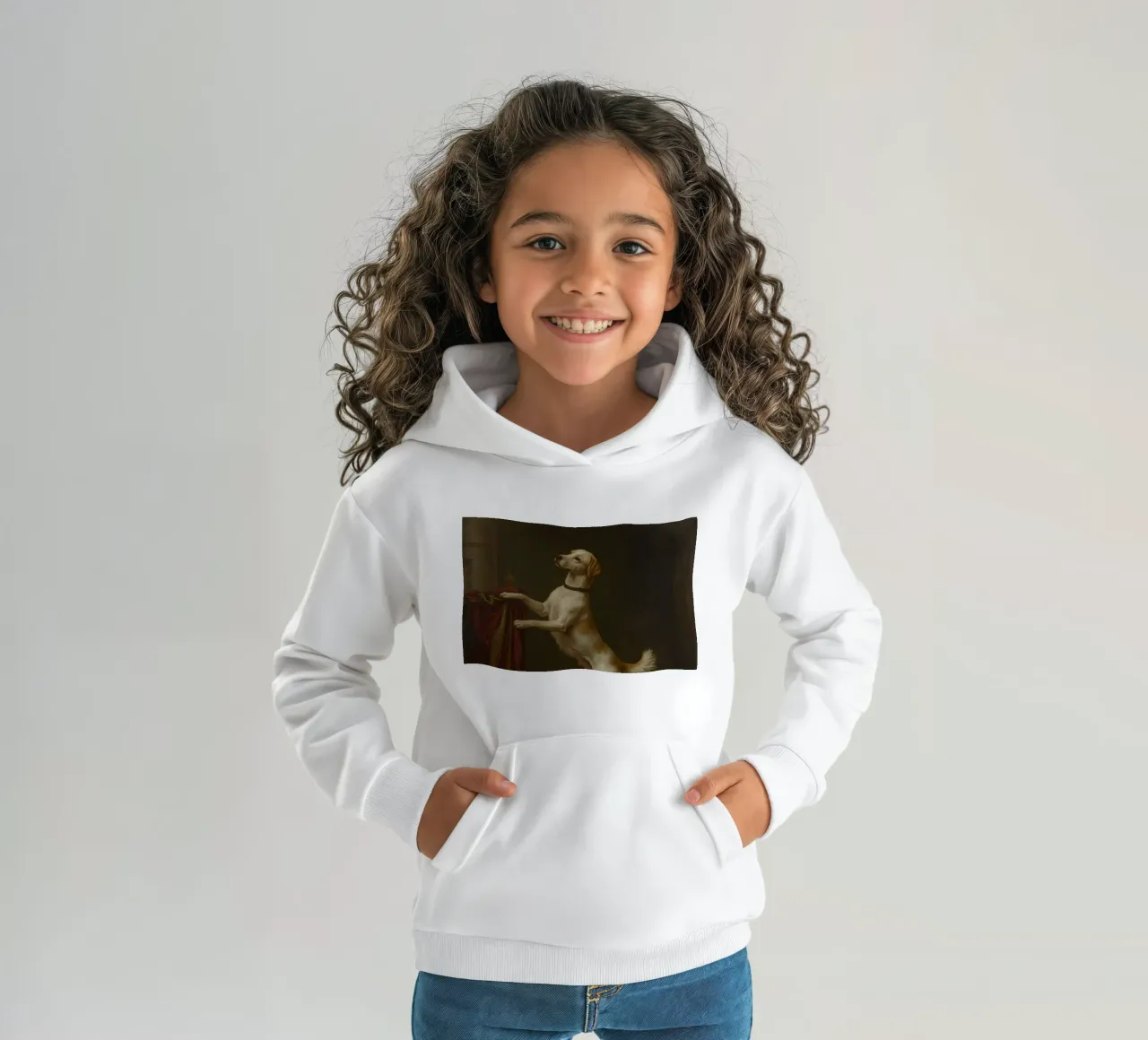 Cane in piedi con le zampe su un tavolo in un ambiente classico felpa bambino con cappuccio da DesignDoodle