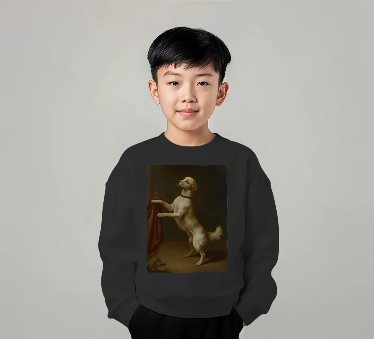 Cane in piedi con le zampe su un tavolo in un ambiente classico felpa bambino da DesignDoodle