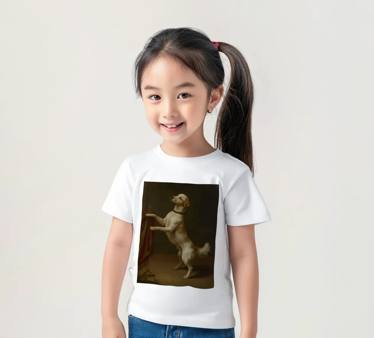 Cane in piedi con le zampe su un tavolo in un ambiente classico t-shirt bambini da DesignDoodle