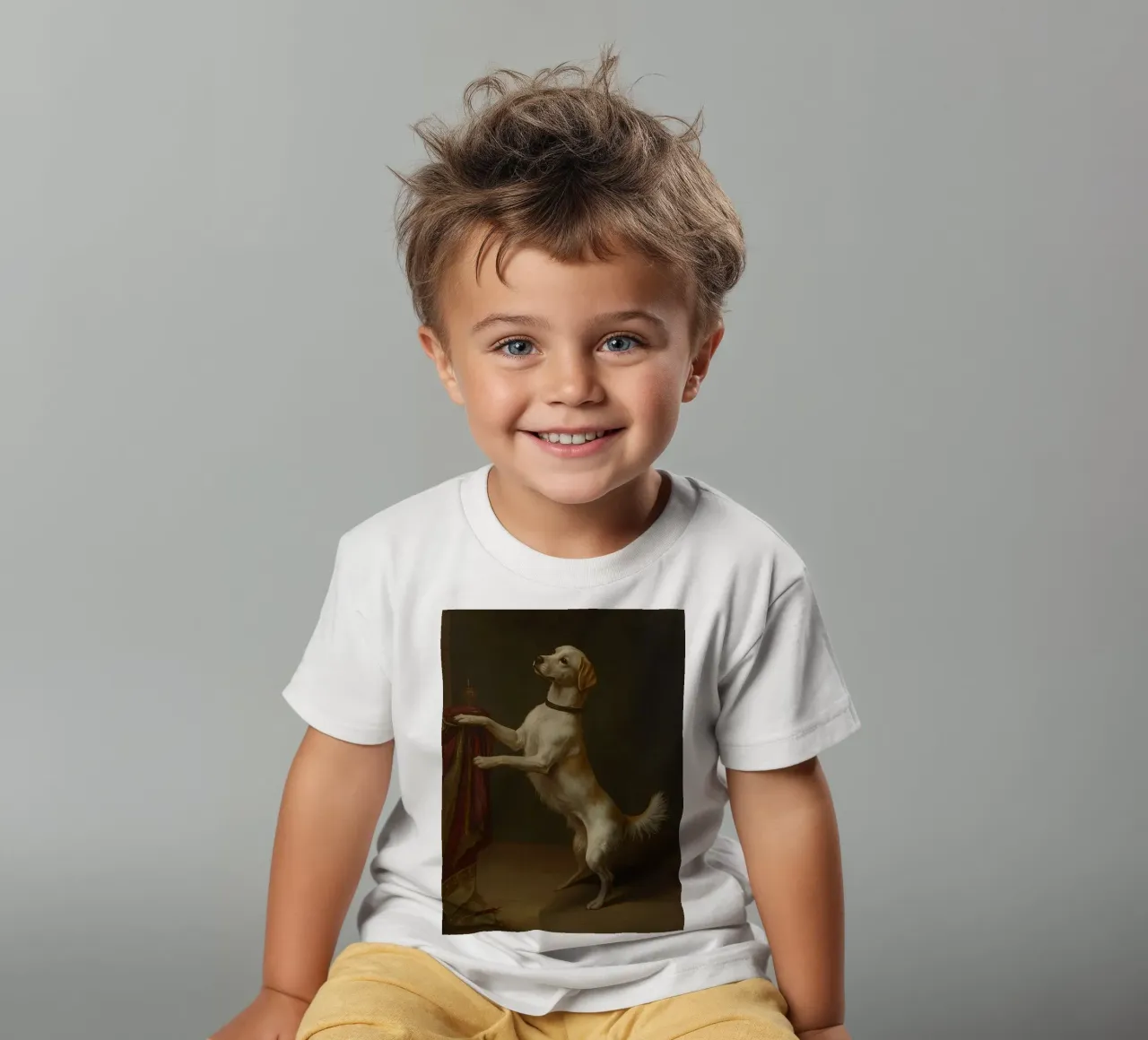 Cane in piedi con le zampe su un tavolo in un ambiente classico t-shirt bambini da DesignDoodle
