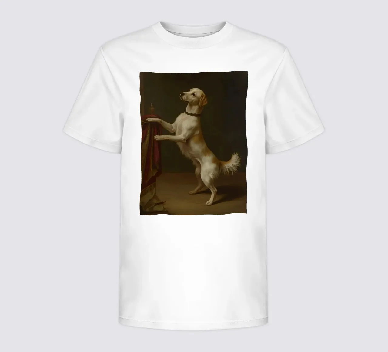 Cane in piedi con le zampe su un tavolo in un ambiente classico t-shirt bambini da DesignDoodle
