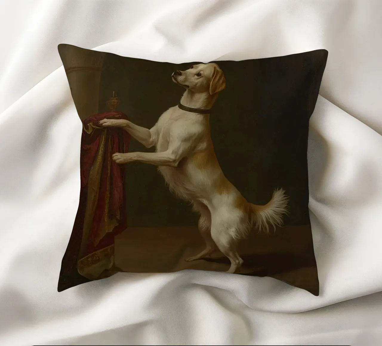 Cane in piedi con le zampe su un tavolo in un ambiente classico cuscino da DesignDoodle