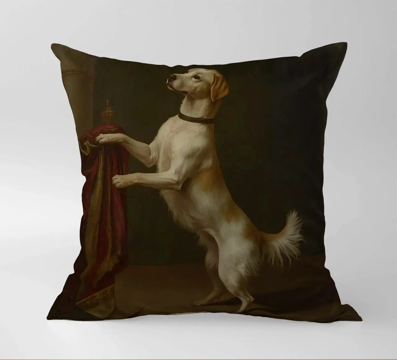 Cane in piedi con le zampe su un tavolo in un ambiente classico cuscino da DesignDoodle