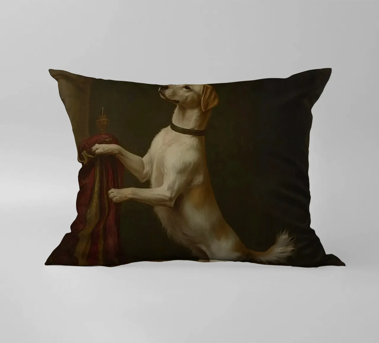 Cane in piedi con le zampe su un tavolo in un ambiente classico cuscino da DesignDoodle