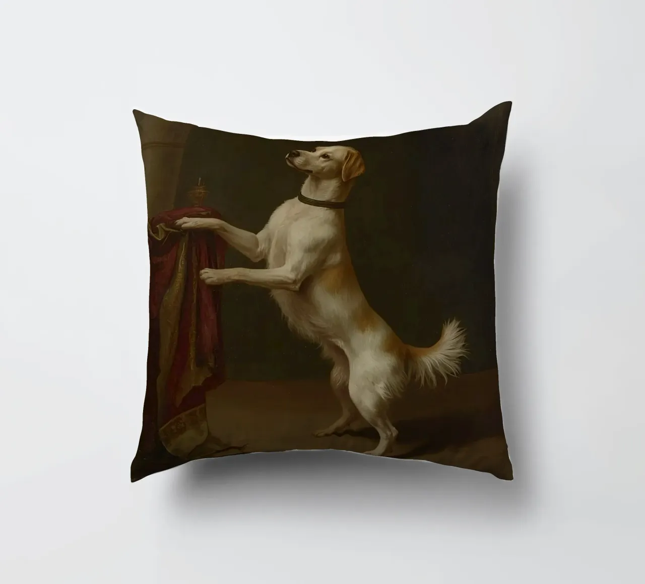 Cane in piedi con le zampe su un tavolo in un ambiente classico cuscino da DesignDoodle