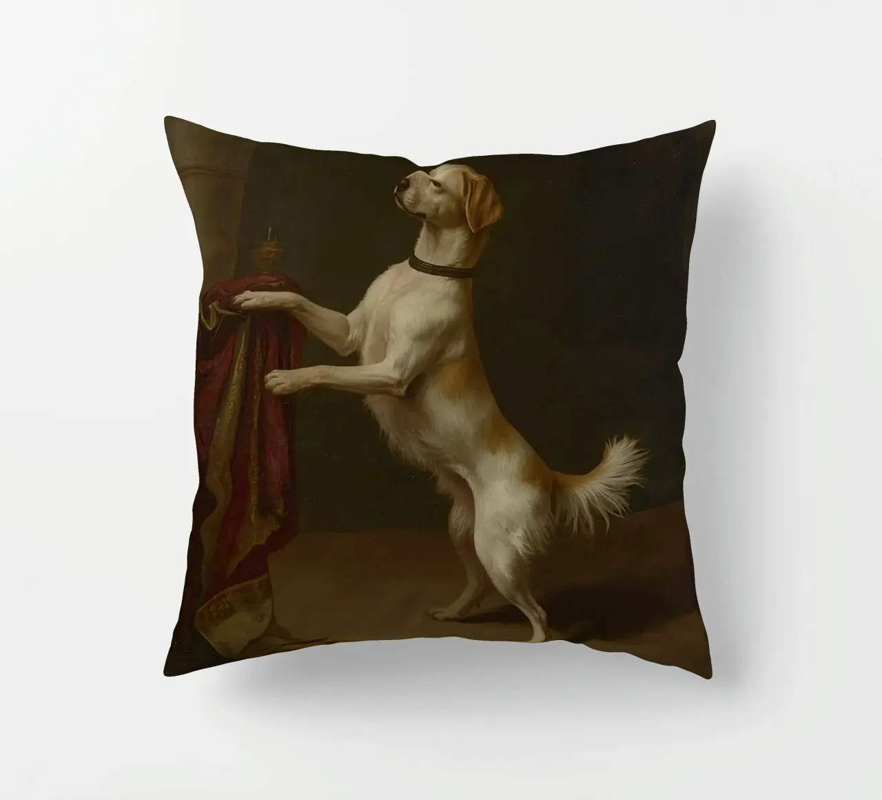 Cane in piedi con le zampe su un tavolo in un ambiente classico cuscino da DesignDoodle