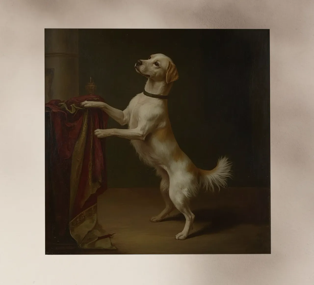 Cane in piedi con le zampe su un tavolo in un ambiente classico pellicola backlit da DesignDoodle